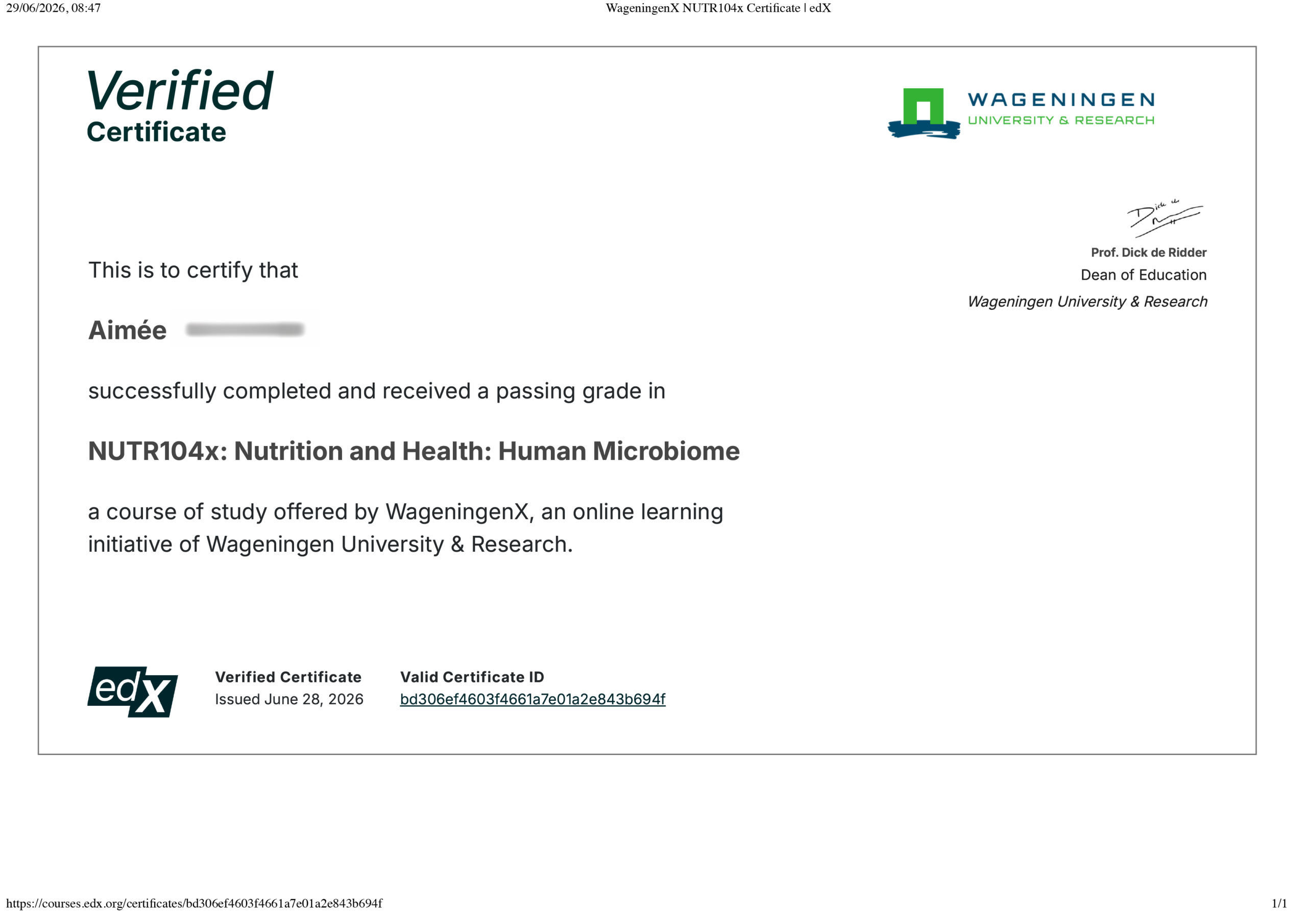Wageningen University & Research Microbiome Nutrition Certificate earned by Aimée Namasté – Functional Health Therapist